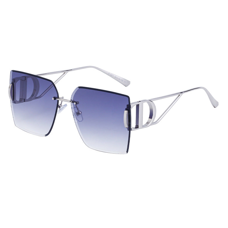 New European and American Fashion Diamond Cut Edge Rimless Sunglasses for Women Trendy Hollow Temple Large Frame Sunglasses Women's Glasses