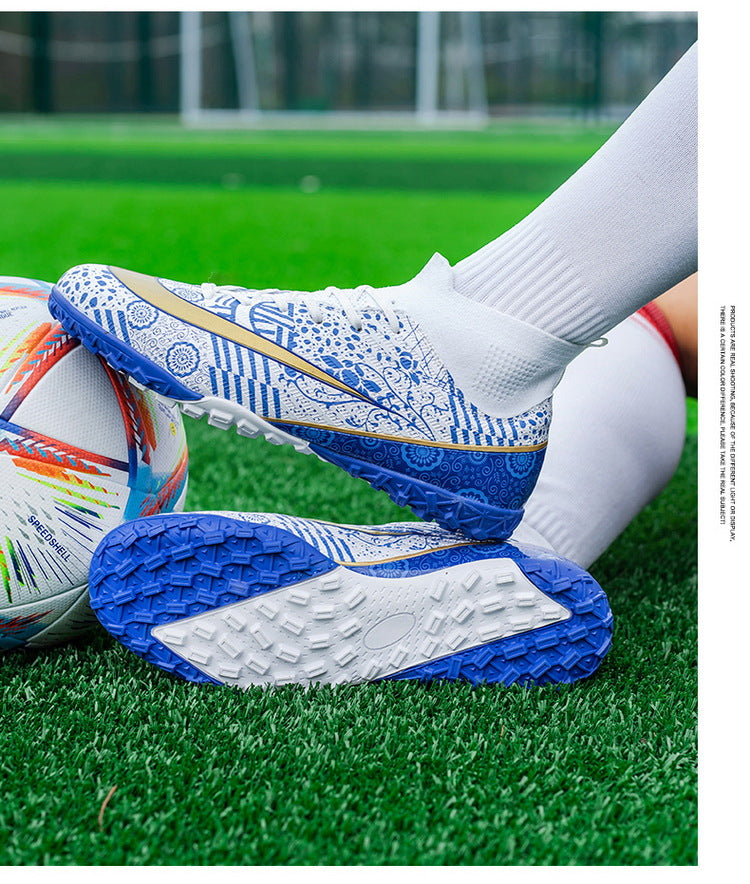 World Cup Same Style Blue and White Porcelain High-top Soccer Shoes for Men and Women, Children and Youth Competition Training Shoes