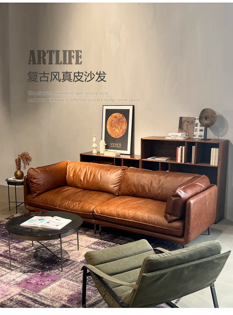 Factory Direct Sales Embrace Genuine Leather Sofa Nordic Italian Minimalist Full Top Grain Cowhide Vintage Retro Oil Wax Leather Sofa Shipping and tax not included