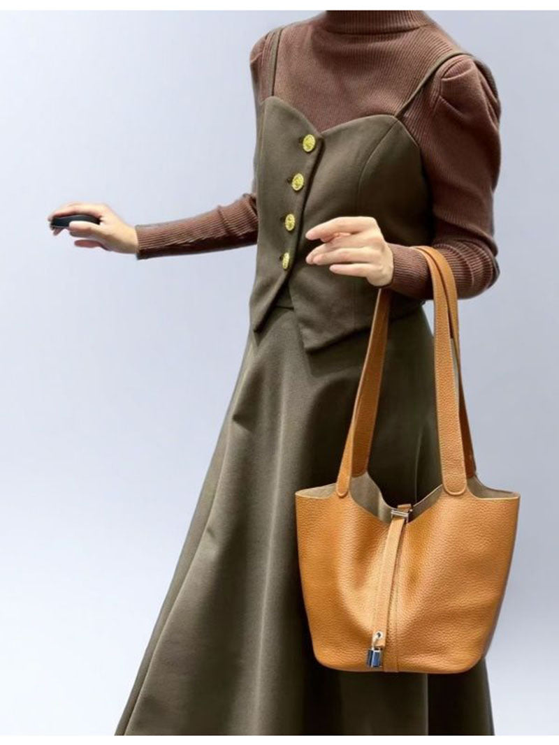 2025New Basket Bag for Women, High-End Niche Design, Large Capacity Bucket Bag, Top Layer Cowhide Handbag