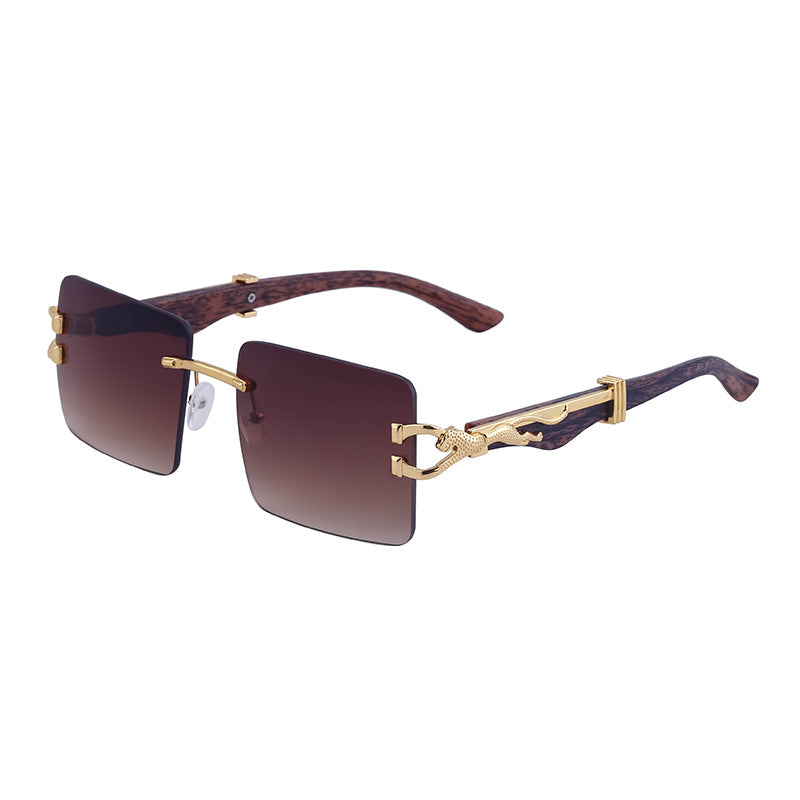 Vintage Rimless Sunglasses for Women with Leopard Wood Grain Temples, Square Frame Sunglasses for Men, Trendy Eyewear shades
