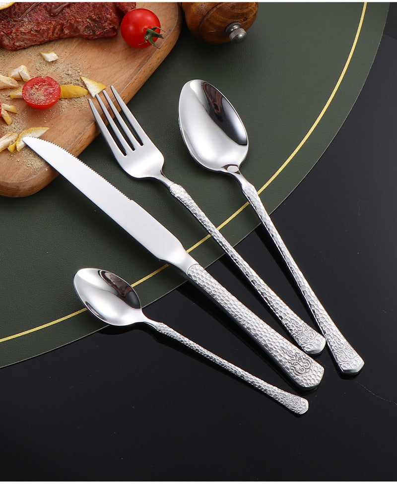 410Stainless Steel Tableware Hotel Restaurant Hammered Knife Fork Spoon24Set of High-End Western Cuisine Embossed Steak Knives and Forks