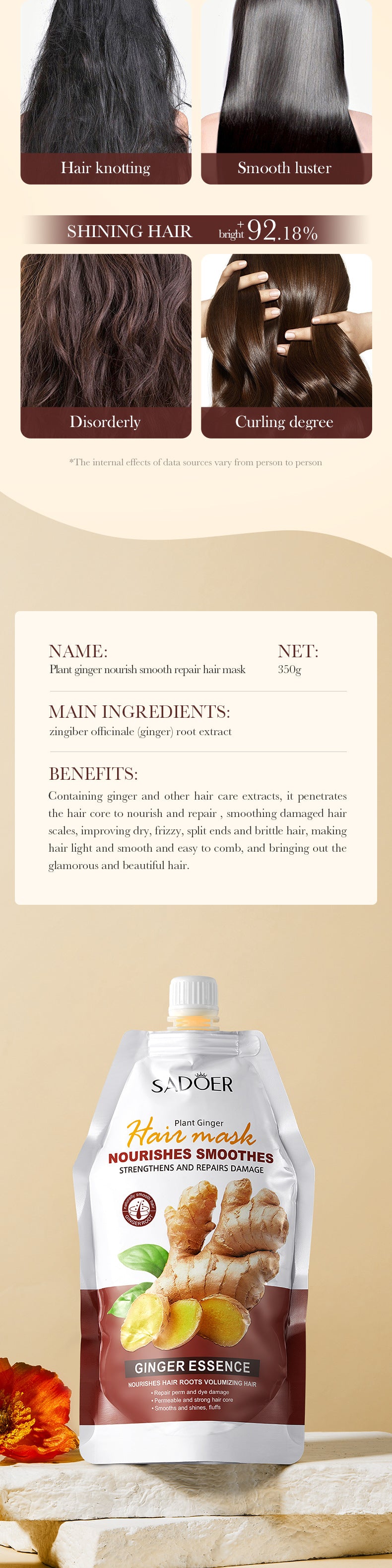 Ginger Hair Mask350g SADOER Smooth Nourishing Repair Moisturizing Hair Mask  Wholesale