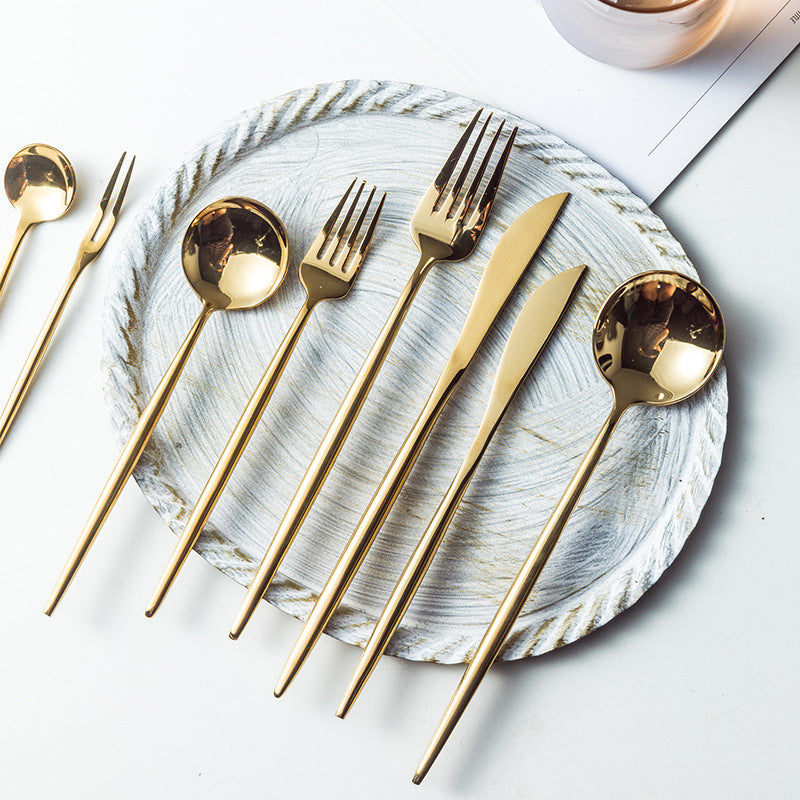 Portuguese Tableware304Glossy Round Handle Main Dinner Knife Fork Spoon Thick Mirror Dessert Spoon Fruit Fork Ice Spoon