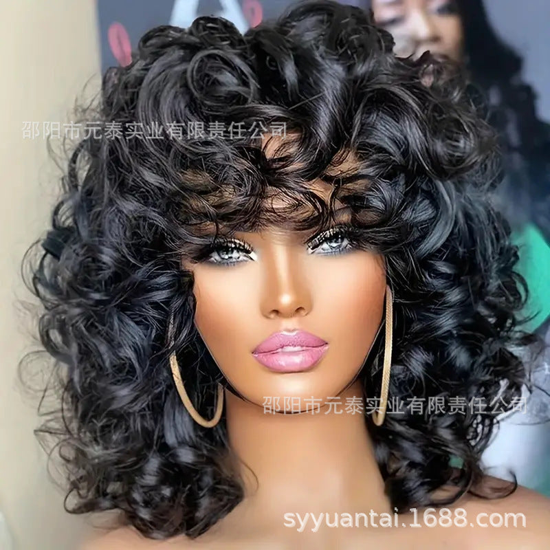 Bouncy Curly Human Hair Wig With Bangs Curly Synthetic Wigs