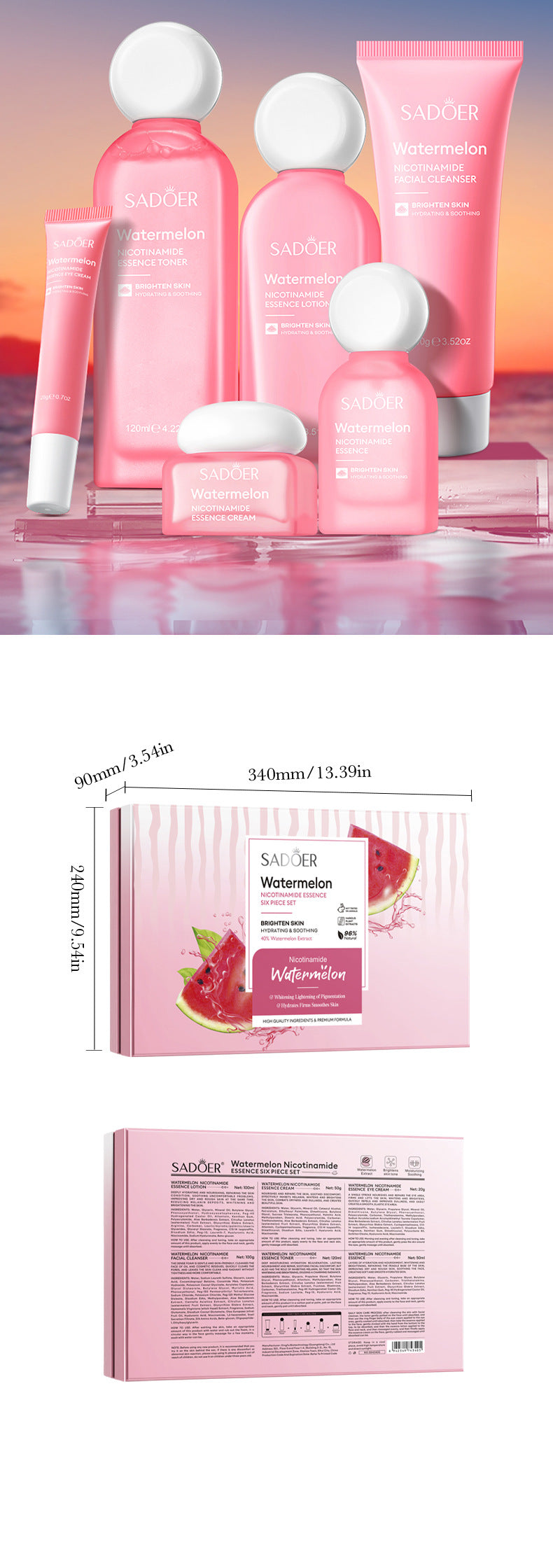 Watermelon Niacinamide Six-Piece Set SADOER Moisturizing and Hydrating Set Box  Wholesale