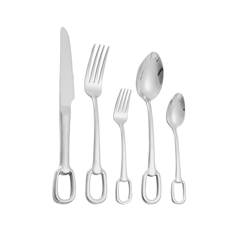 304Stainless Steel Western Cutlery Set with Rings, Steak Knife, Fork, Spoon, European Style Hanging Hole Tea Spoon with Tail Set