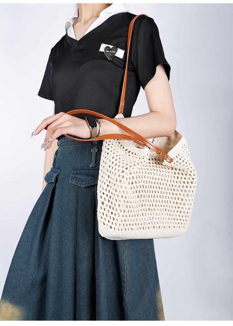 New Large Capacity Lazy Style Woven Bag for Women Versatile Artistic Shoulder Bag Beach Bag Cotton Rope Commuter Tote Bag