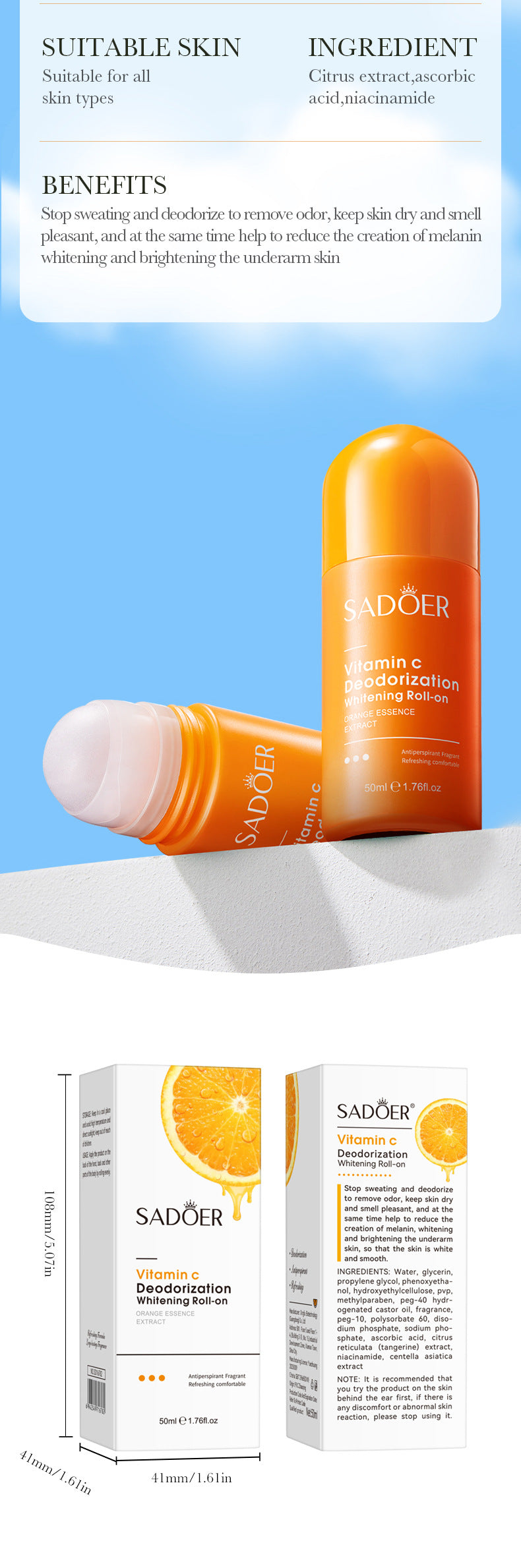 VC Whitening Antiperspirant Roll-On SADOER Brightening Underarm Deodorant Roll-on  Wholesale
