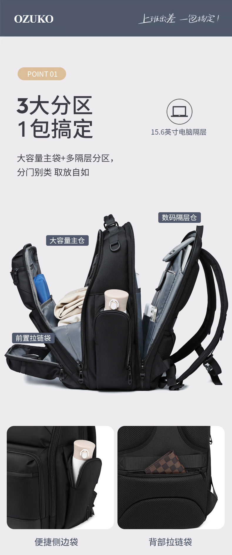 OZUKO Business Backpack Men's Commuting Computer Backpack Waterproof Large Capacity Business Travel Portable Men's Bag