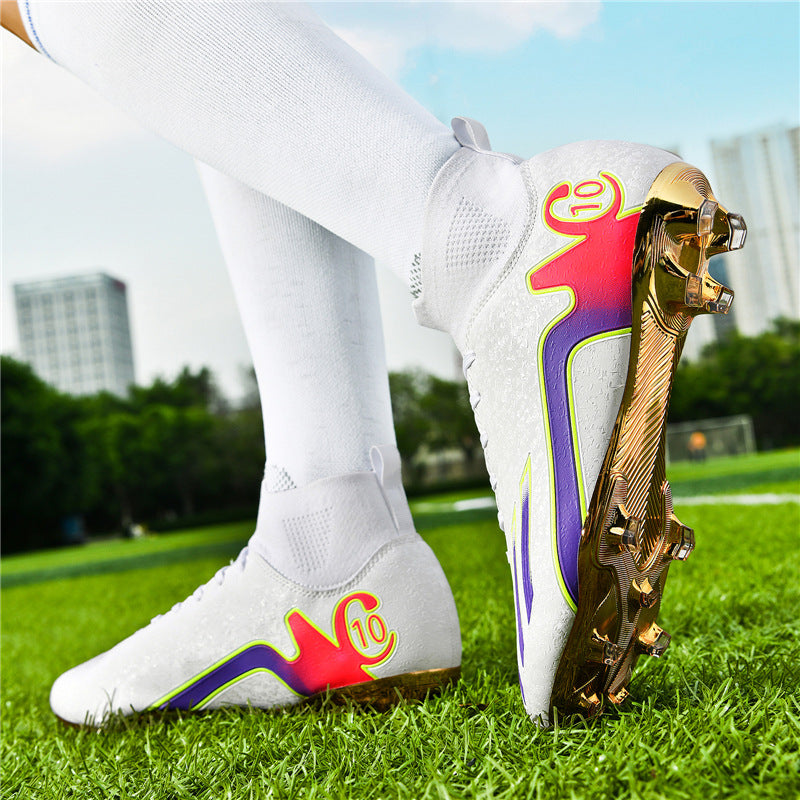 Gold-Plated Sole Men's Football Shoes with Studded Spikes AG Long Spike Shoes for Older Children, Middle and High School Students, Adults, Competition Training Sports Shoes