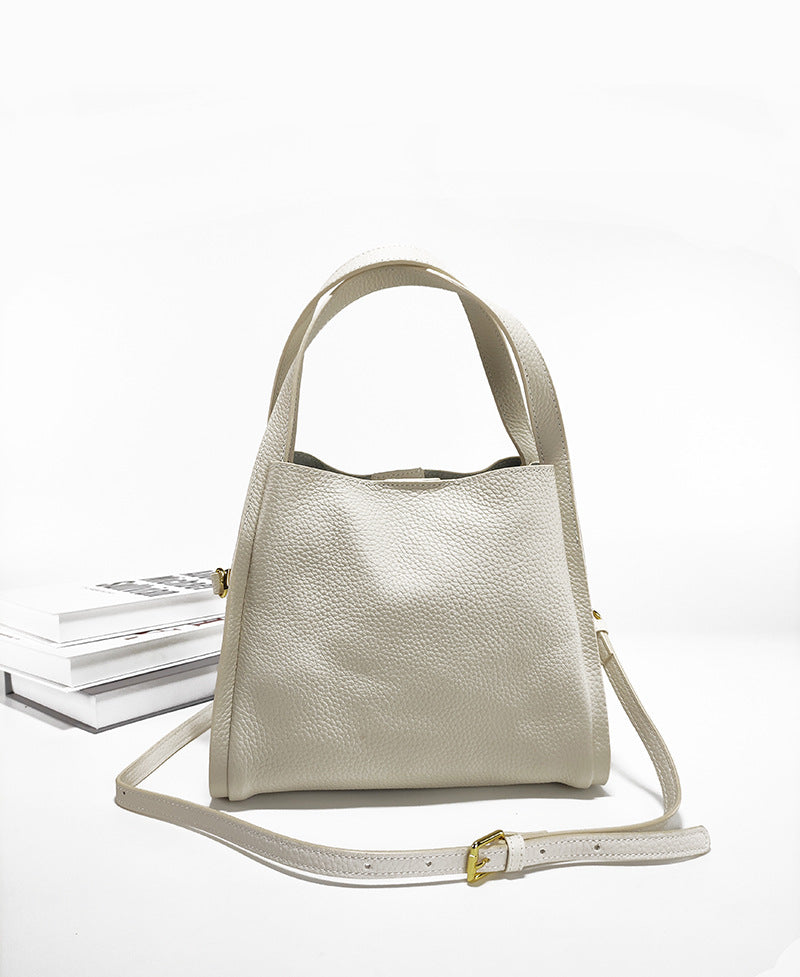 Genuine Leather Basket Bag Handheld Bucket Bag Women's Winter Crossbody Bag Large Capacity Top Layer Cowhide Bucket Style