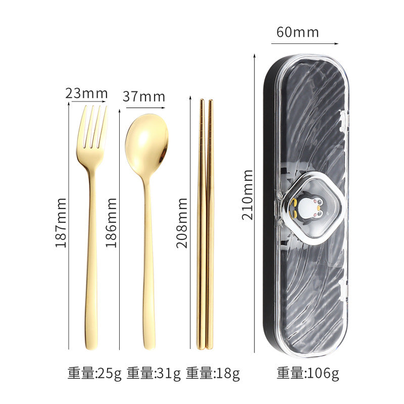 304Stainless Steel Tableware Student Cartoon Portable Tableware Set Work Outdoor Fork Spoon Chopsticks Three-piece Set