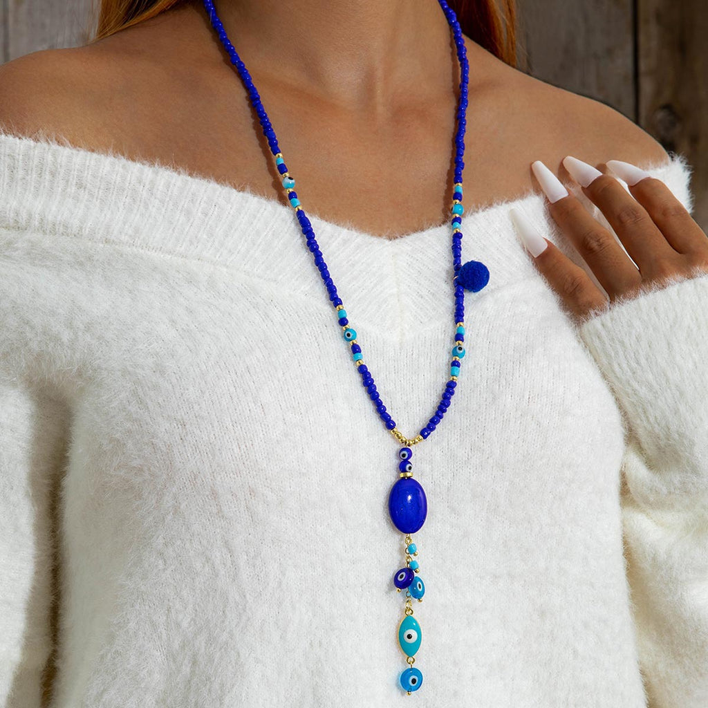 Simple Colorful Beaded Tassel y Chain Necklace Elegant Versatile Diamond-Studded Sweater Chain Jewelry