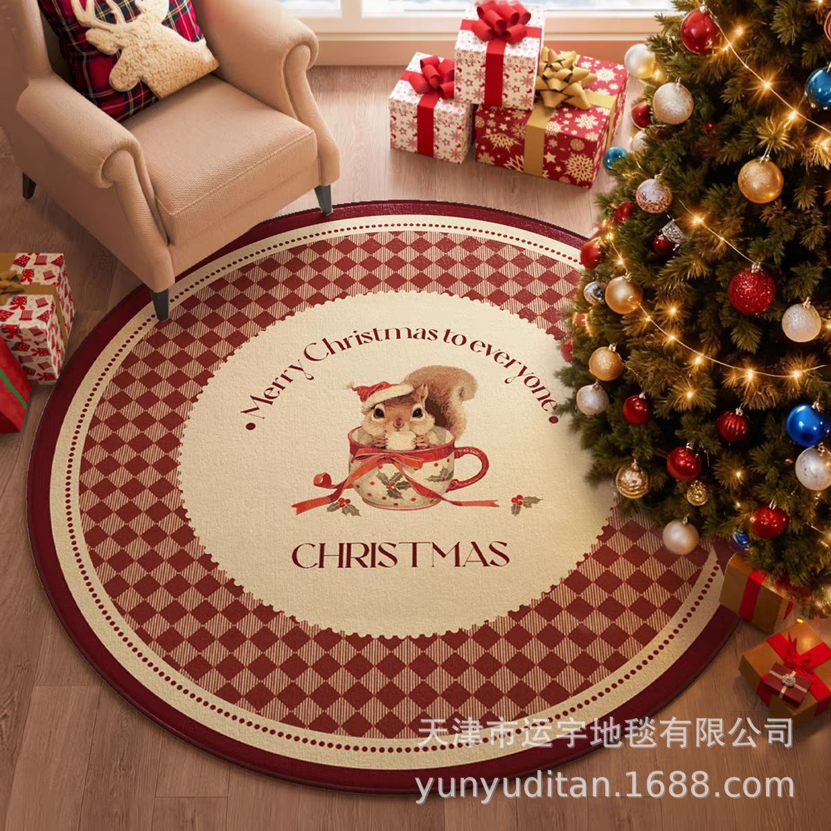 Christmas Carpet Round Living Room Crystal Velvet Floor Mat Christmas Decoration Atmosphere Mat Christmas Tree Floor Mat Customizable