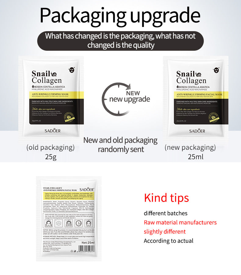 Snail Face Mask SADOER Collagen anti-wrinkle firming delicate skin mask  wholesale