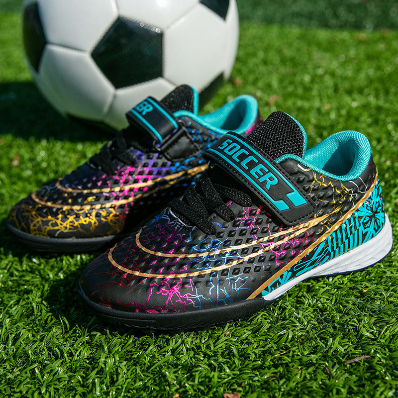 New Football Shoes for Men and Women, Children's Low-top Anti-collision Spike Magic Tape No-tie Grass Training Sports Shoes