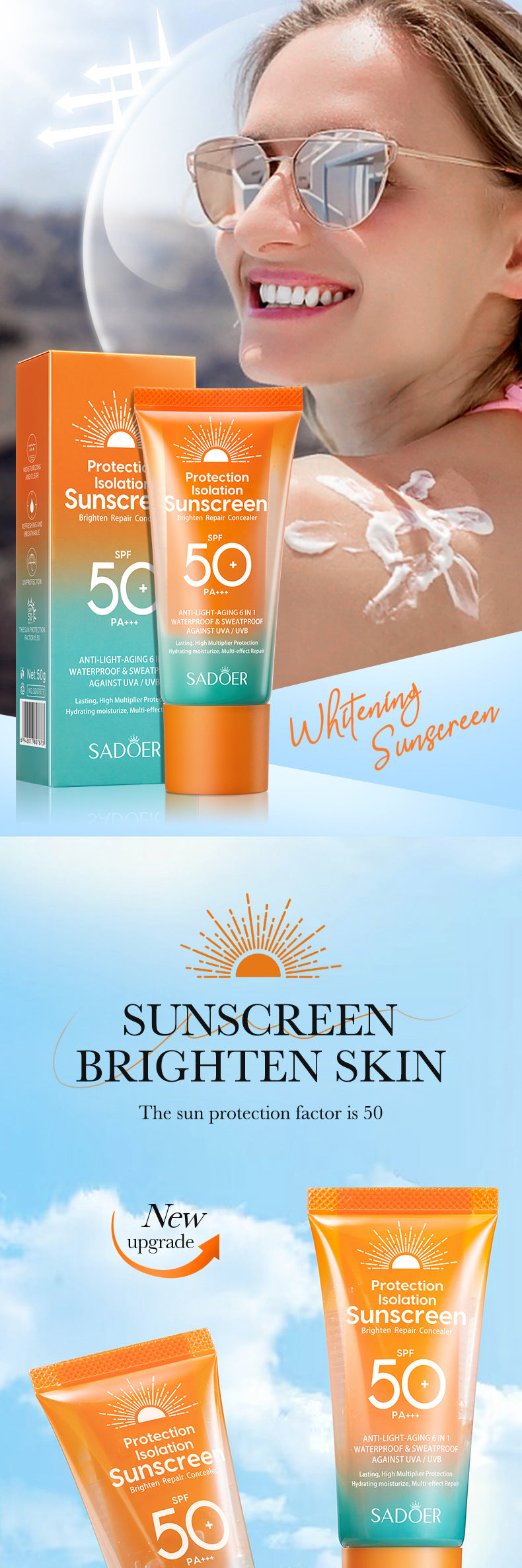 Sunscreen50g SADOER Isolation Sunscreen Repair UV Protection Sunscreen Lotion  Wholesale