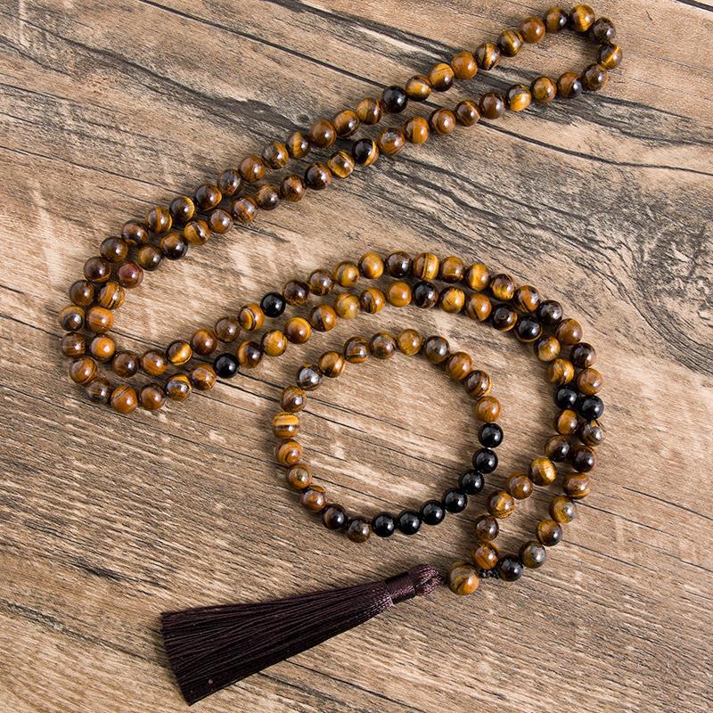 Men's Lapis Lazuli Bracelet Set108Tassel Pendant Elastic Cord Natural Stone Beaded Tiger Eye Stone Long Bracelet