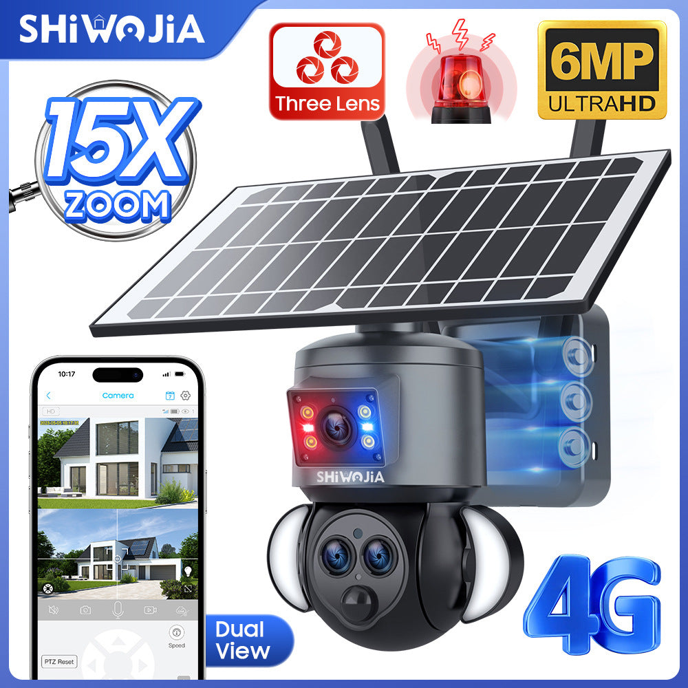 Courtyard Corridor Three Eyes15Zoom4G Wireless Solar Camera6MP High Definition Full Color Night Vision Camera