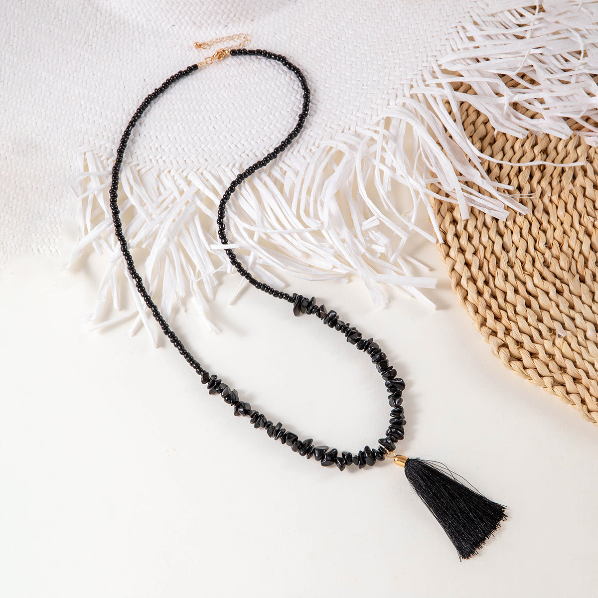 Simple Colorful Beaded Tassel y Chain Necklace Elegant Versatile Diamond-Studded Sweater Chain Jewelry