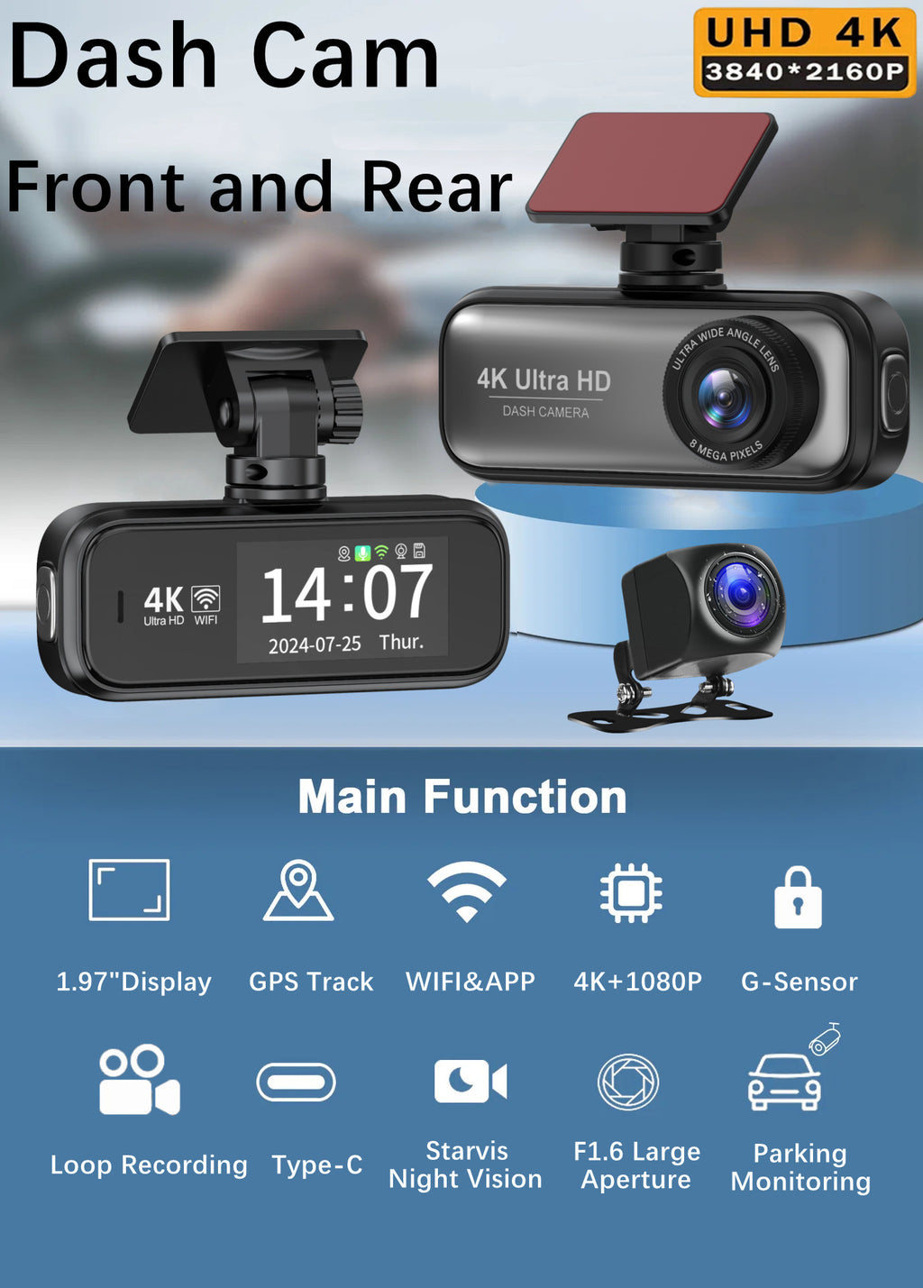 V26C4K Dual-lens Dash Cam HD Ultra Wide Angle Night Vision WiFi Front and Rear Double Recording GPS Car