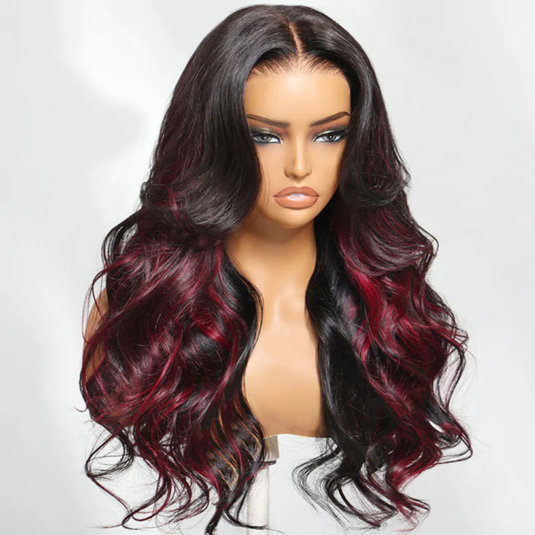 Black With RED Lace Front Wigs 13X4 Body Wave Synthetic Wigs