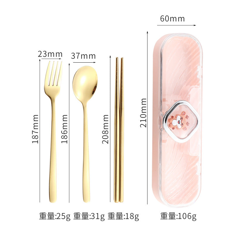 304Stainless Steel Tableware Student Cartoon Portable Tableware Set Work Outdoor Fork Spoon Chopsticks Three-piece Set