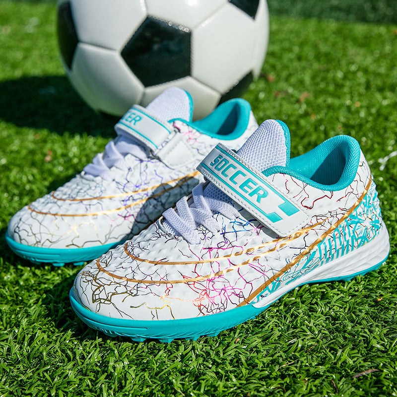 New Football Shoes for Men and Women, Children's Low-top Anti-collision Spike Magic Tape No-tie Grass Training Sports Shoes