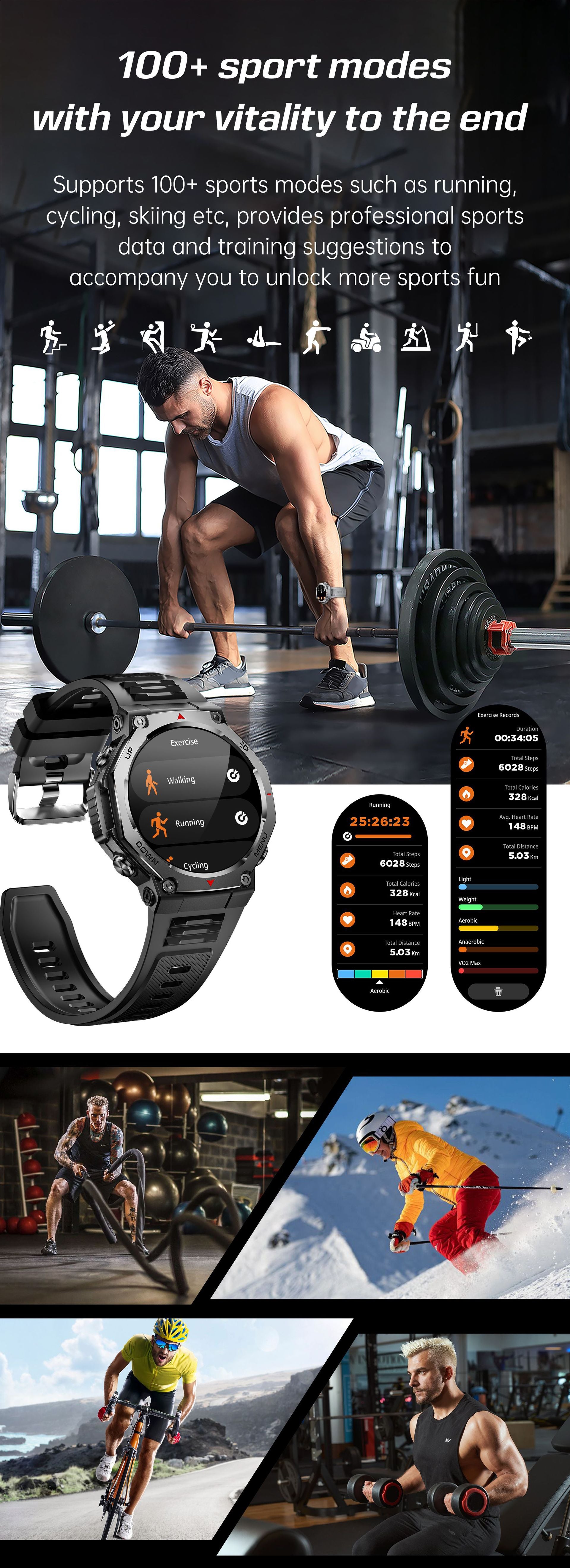 KT85Smart Watch Bluetooth Call True Heart Rate Step Count Sleep Monitoring Flashlight Deep Waterproof Sports Three-Proof