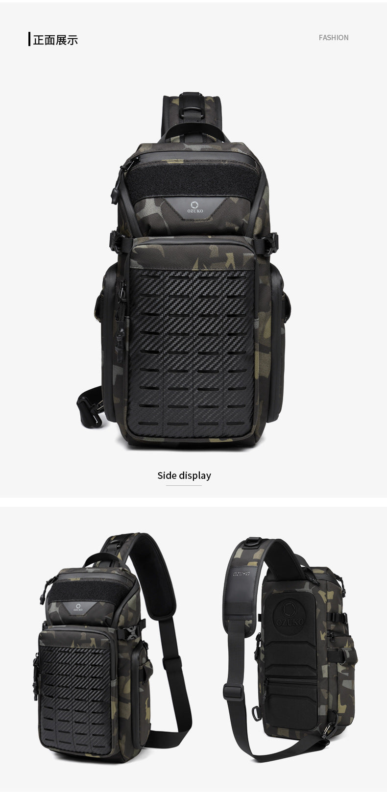 OZUKO Tactical Chest Bag Men's Crossbody Bag Waterproof Multifunctional Outdoor Portable Bag Cycling Trendy Shoulder Bag