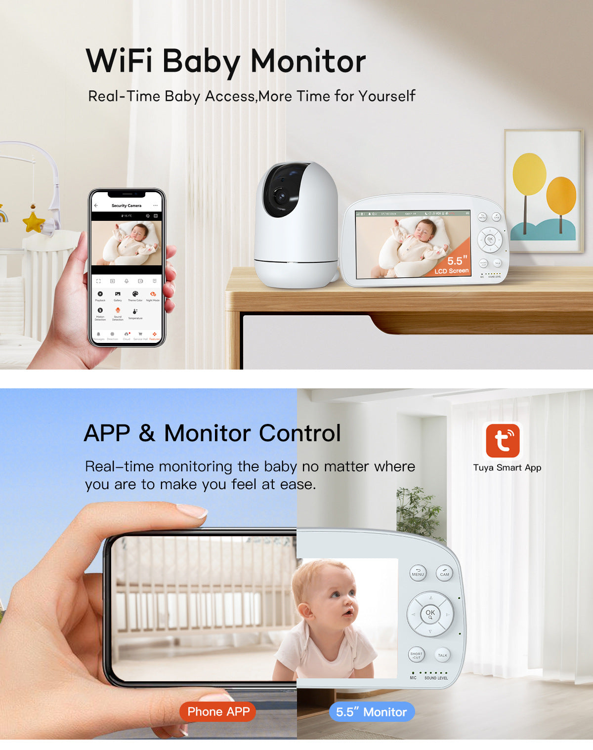 Factory Direct Smart Baby Monitor with Crying Detection Tuya babymonitor Baby Care Device