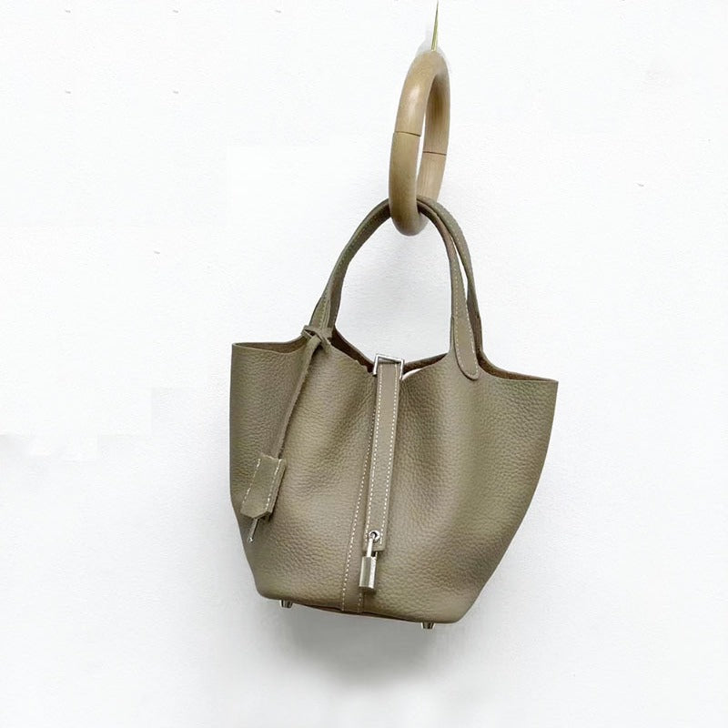 Genuine Leather Basket Bag2024New high-end casual bucket bag for women, top layer cowhide commuter handbag