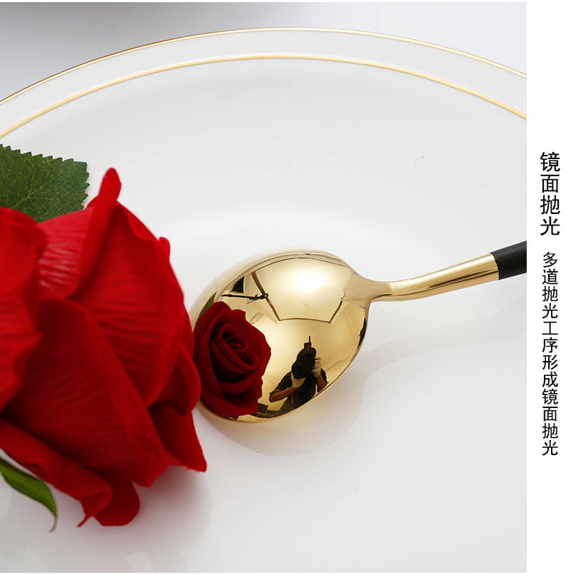 304Stainless Steel Portuguese Tableware Creative Lathe Craft Glossy Mirror Black Gold Round Spoon Dessert Spoon Fork