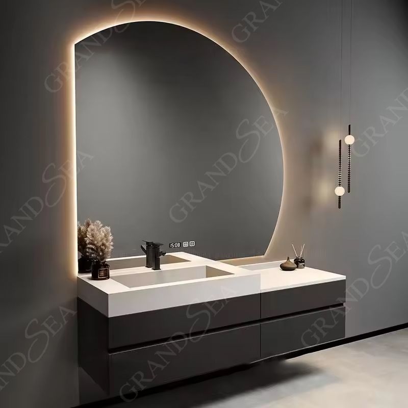 Luxury Solid Wood Bathroom Drawer Storage Vanity Cabinet With Half Moon Mirror Wash Basin for Hotel Bathroom