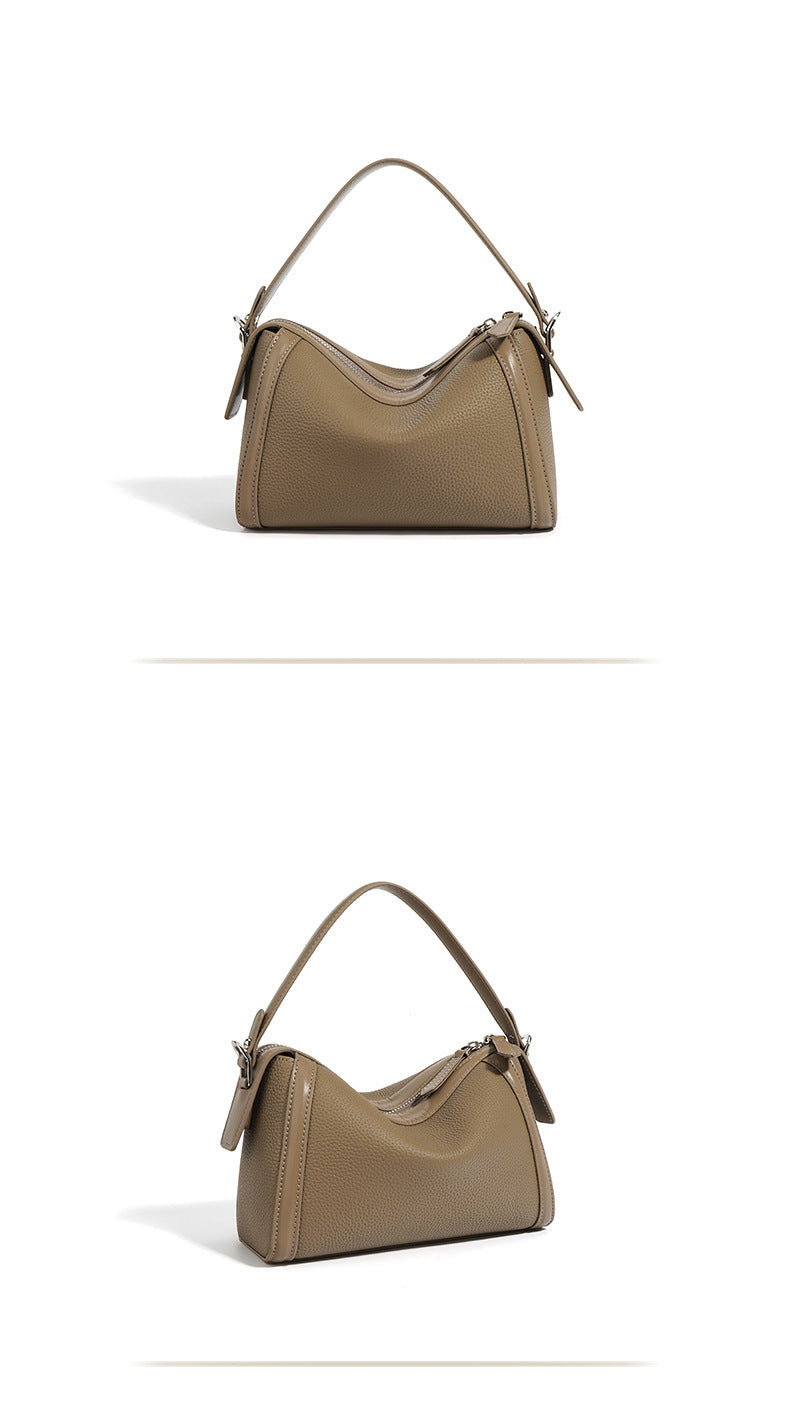 New Top Layer Cowhide Boston Bag Fashion Women's Bag Simple Texture Cowhide Shoulder Crossbody Bag Niche Design Sense