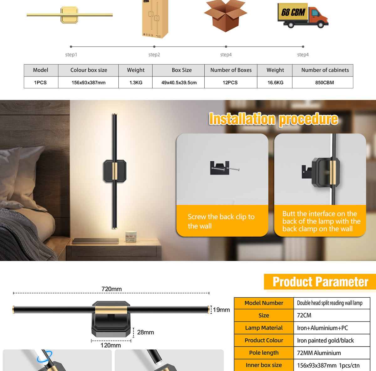 Dual-Head Detachable Wall Lamp Reading Wall Lamp No Wiring Wall Lamp Magnetic Wall Lamp Dimmable Wall Lamp Rechargeable Indoor Wall Lamp