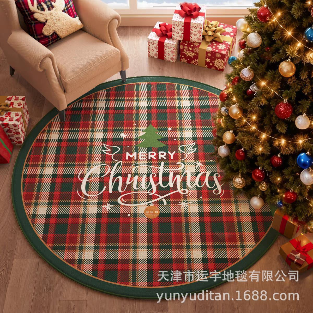 Christmas Carpet Round Living Room Crystal Velvet Floor Mat Christmas Decoration Atmosphere Mat Christmas Tree Floor Mat Customizable