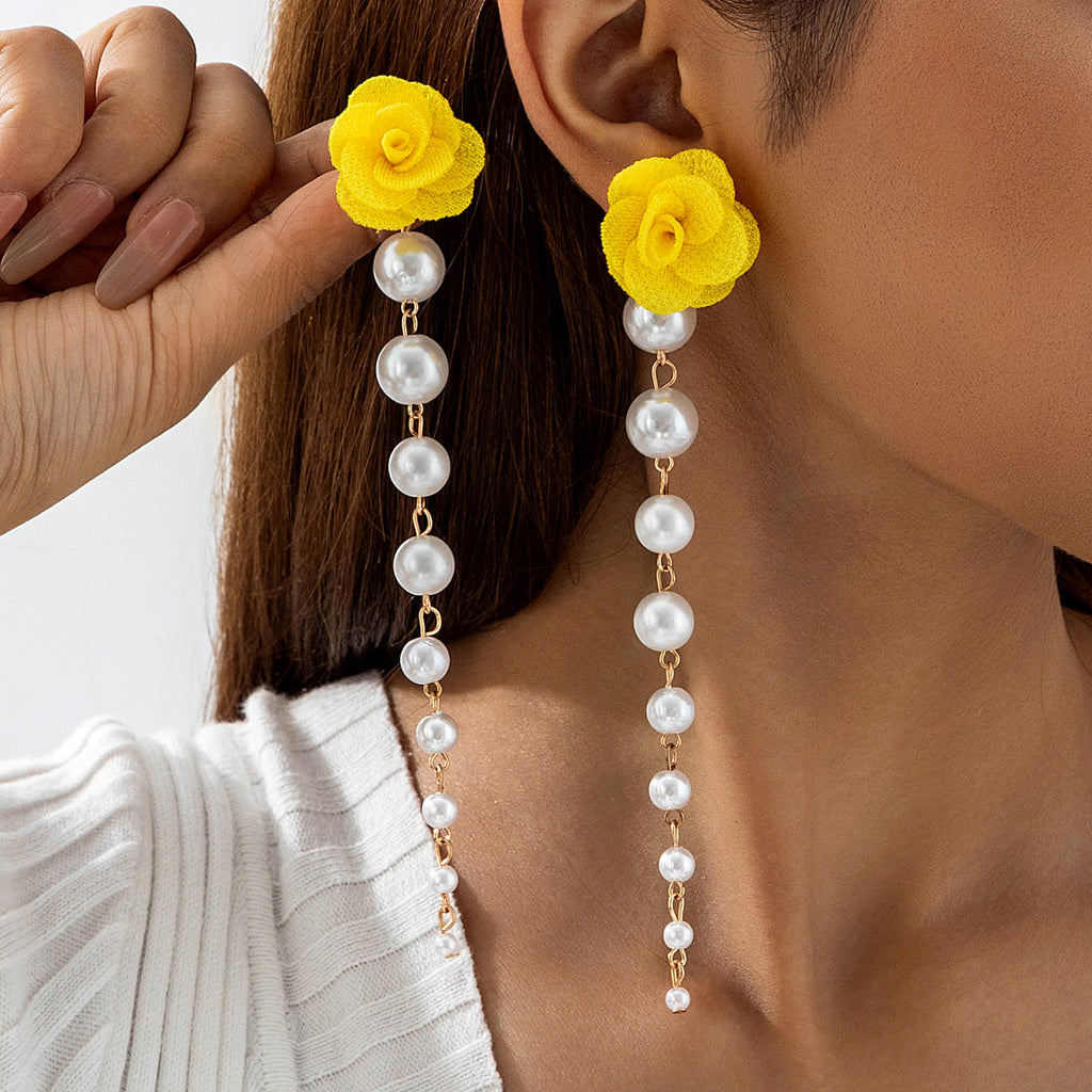 European and American Fresh Fabric Colorful Pearl Earrings Sweet Rice Bead Tassel Tulip Flower Earrings