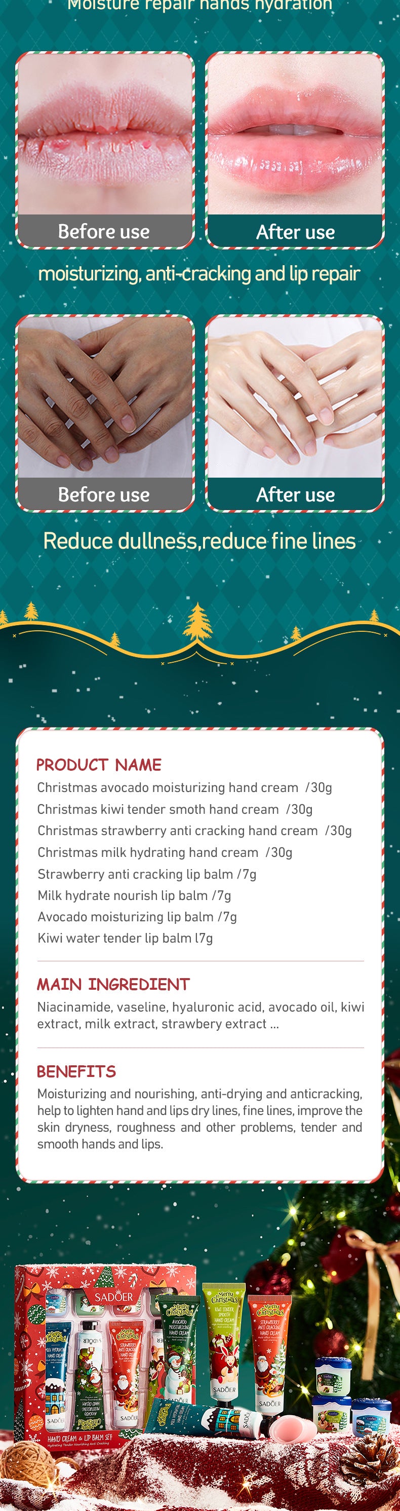 Christmas Hand Cream Lip Balm Combo Set SADOER Anti-chapping Moisturizing  Wholesale