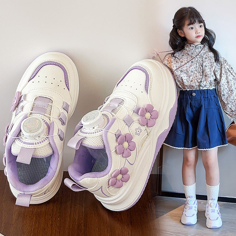 Children's Sports Shoes Spring and Autumn2025New Student Knob Girls' White Sneakers Versatile Casual Girls' Running Shoes