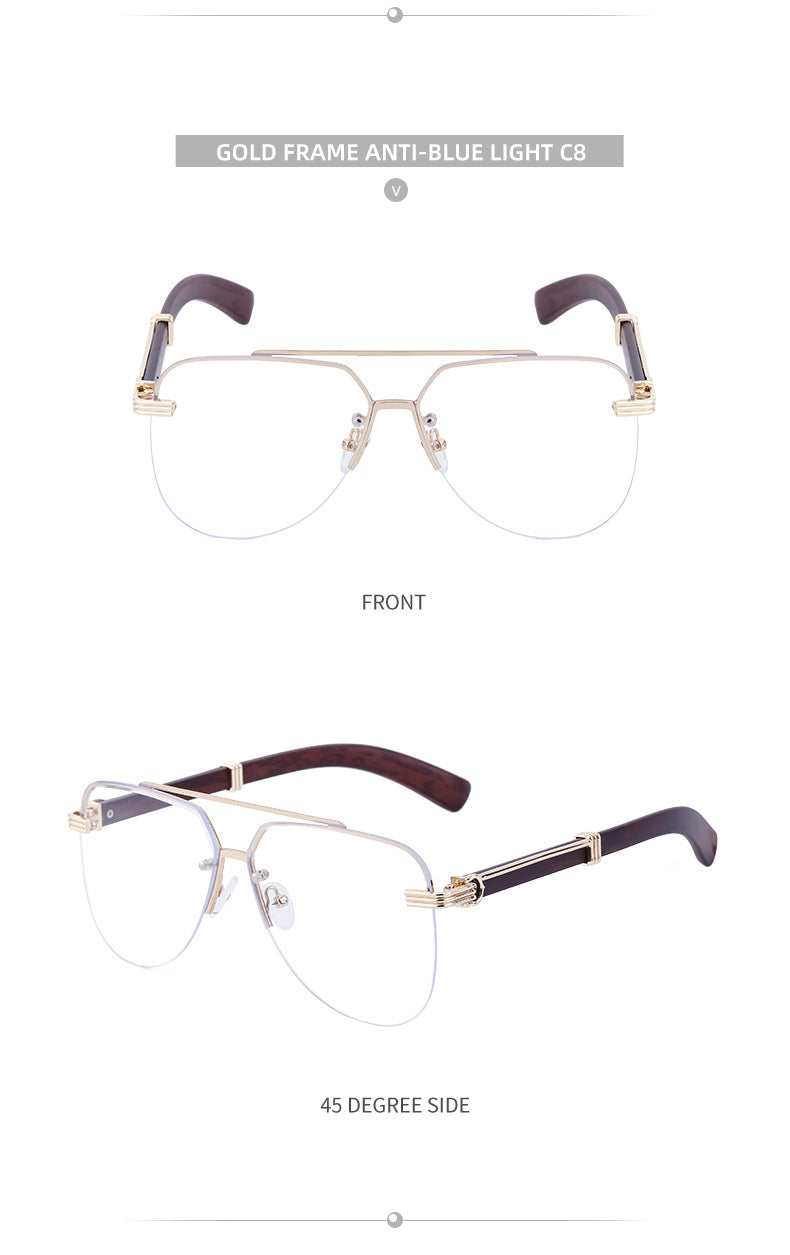 【Customization】Diamond Cut Rimless Glasses for Men, European and American Retro Style, Imitation Wood Grain Temple Sunglasses, Sun Protection Sunglasses