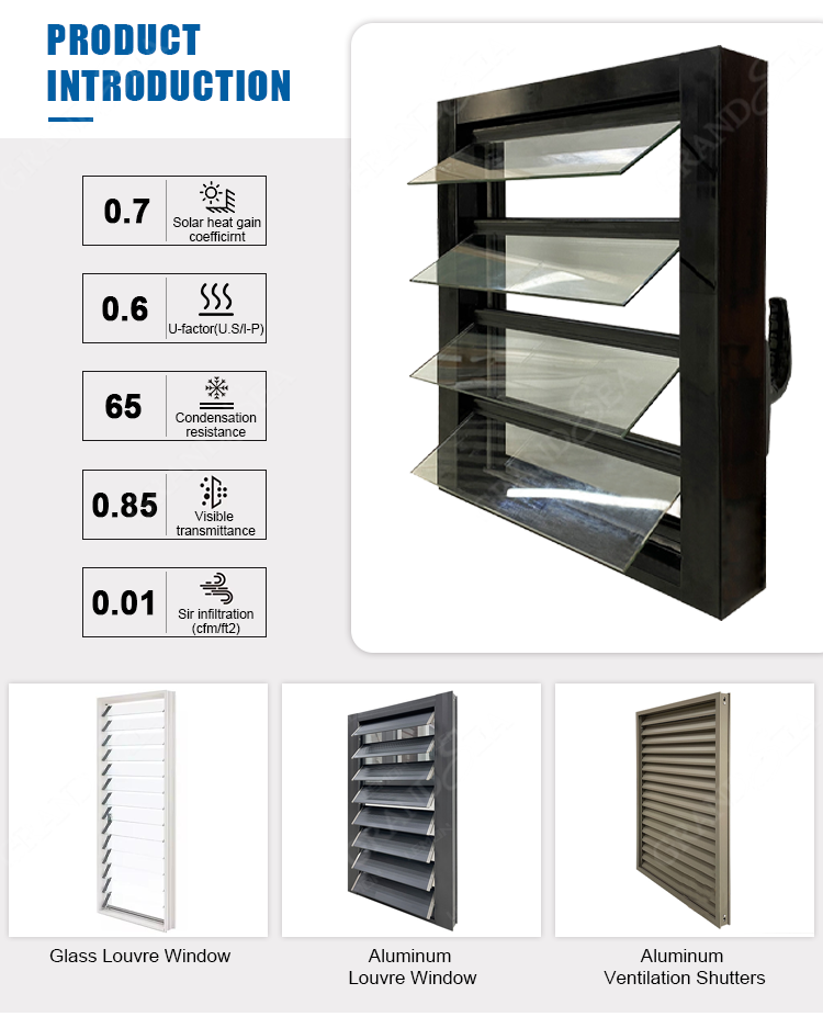 Aluminium Fixed Window With Adjustable Blades Glass Louver Windows for Bathroom