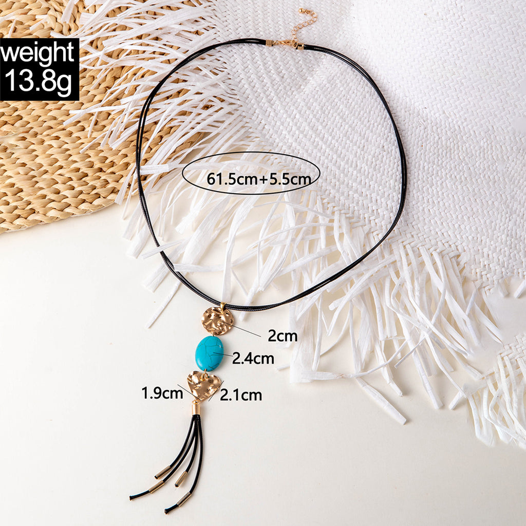 European and American Retro Turquoise Pendant Sweater Chain Design Heart-shaped Women's Autumn Winter Long Tassel Y Type Necklace