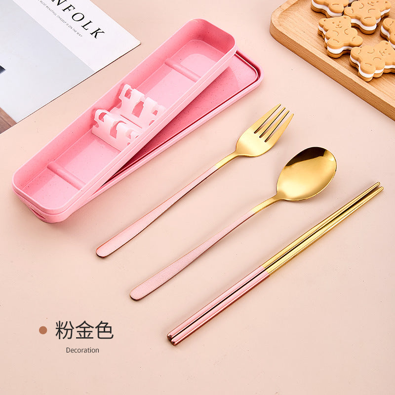 Stainless Steel Korean Portable Tableware Set Spoon Fork Chopsticks Three-Piece Set Student Travel Internet Celebrity Tableware