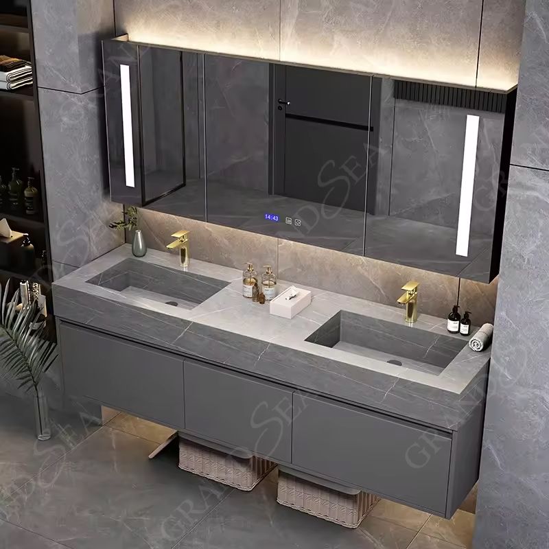 European Style Hot Selling Washroom Floating Slate Countertop Double Basin Bathroom Vanity