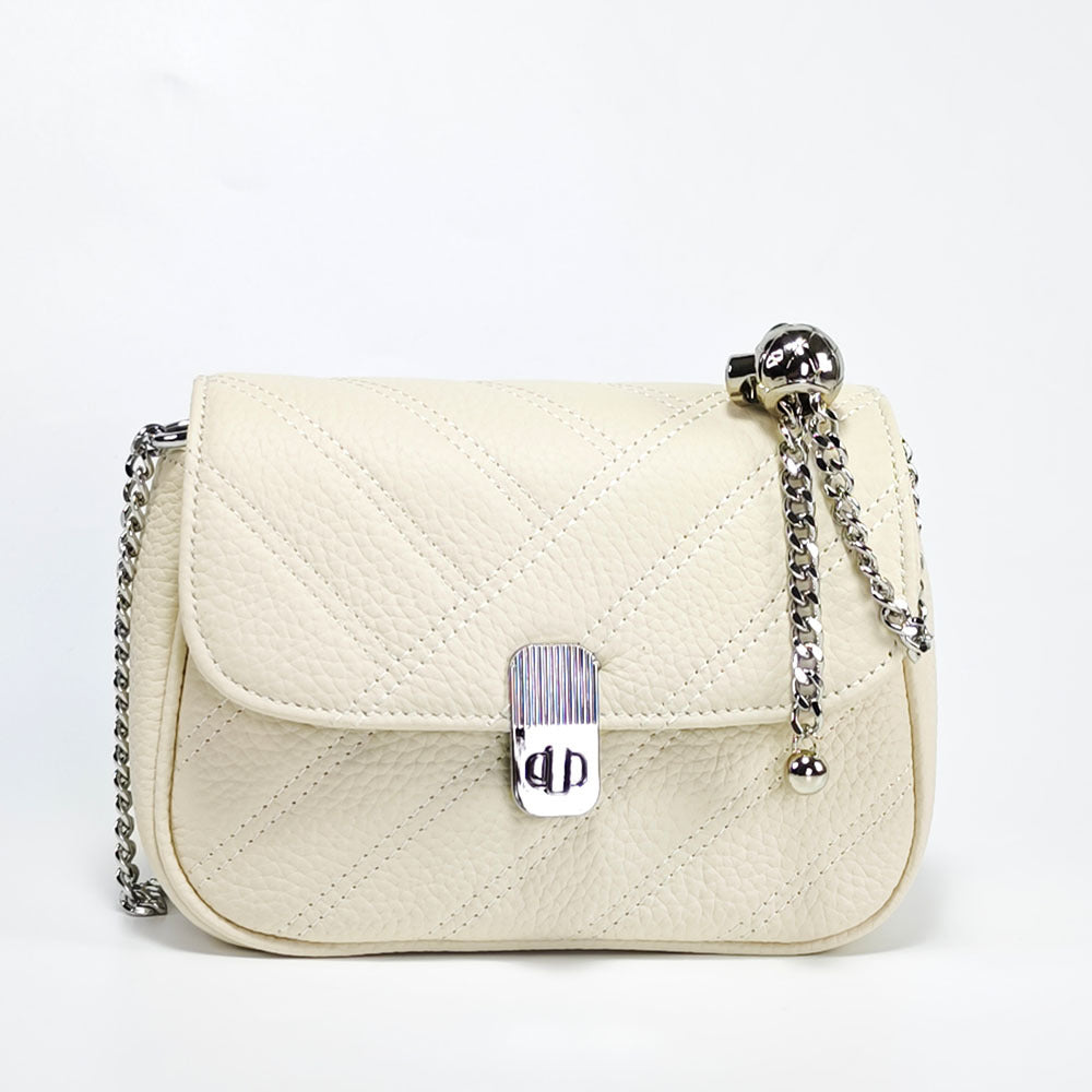 Genuine Leather Women's Bag New Metal Chain Small Square Bag Simple Versatile Chanel Style Single Shoulder Solid Color Embroidered Thread Crossbody Bag