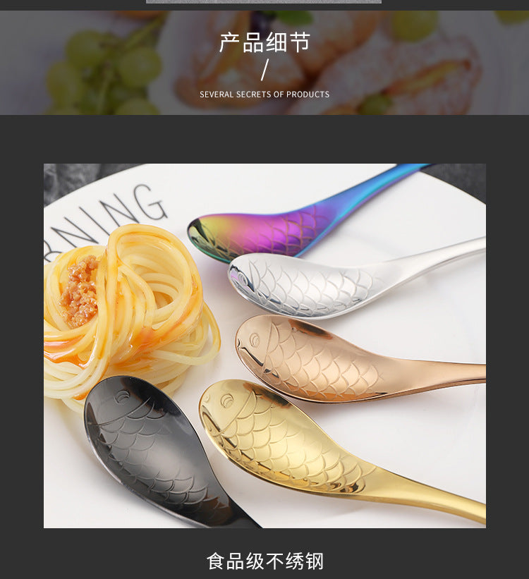 304Stainless Steel Spoon Cooking Restaurant Spoon Pickled Fish Spoon Cartoon Spoon PVD Titanium-plated Colorful Fish Tail Cute Spoon
