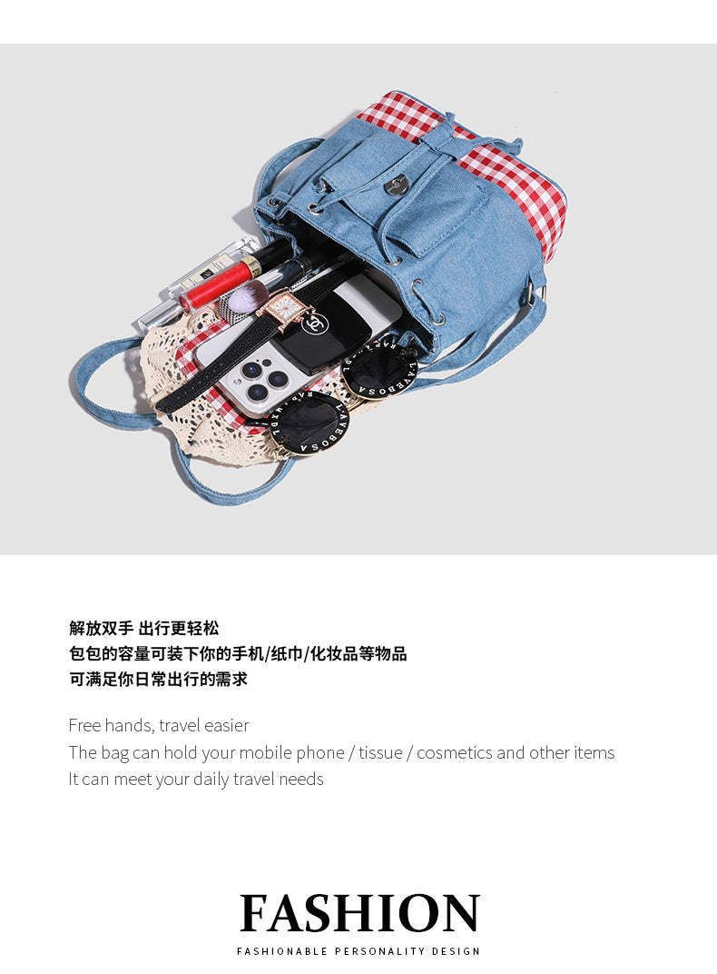 Lace trim denim backpack for women2025New Trendy Fashion Plaid Lace Backpack Handbag Shoulder Bag