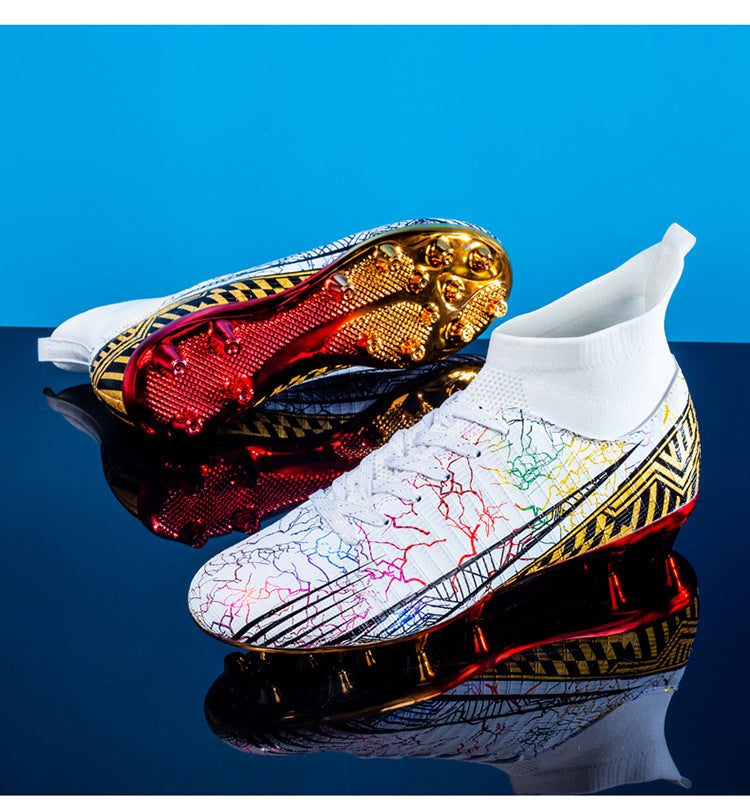 Large Size Men's Soccer Shoes AG Long Spike Gold-Plated Hot Stamping Football Shoes for Youth Professional Competition Training Shoes Wholesale